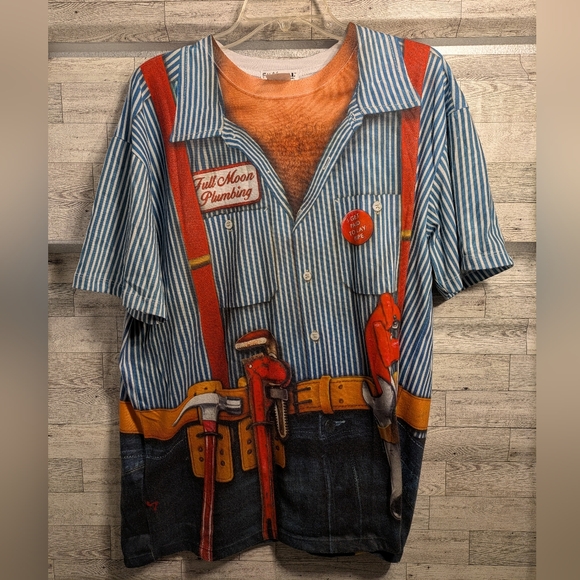 Faux Real Striped Plumber Graphic T-Shirt Size Xl - Picture 2 of 5